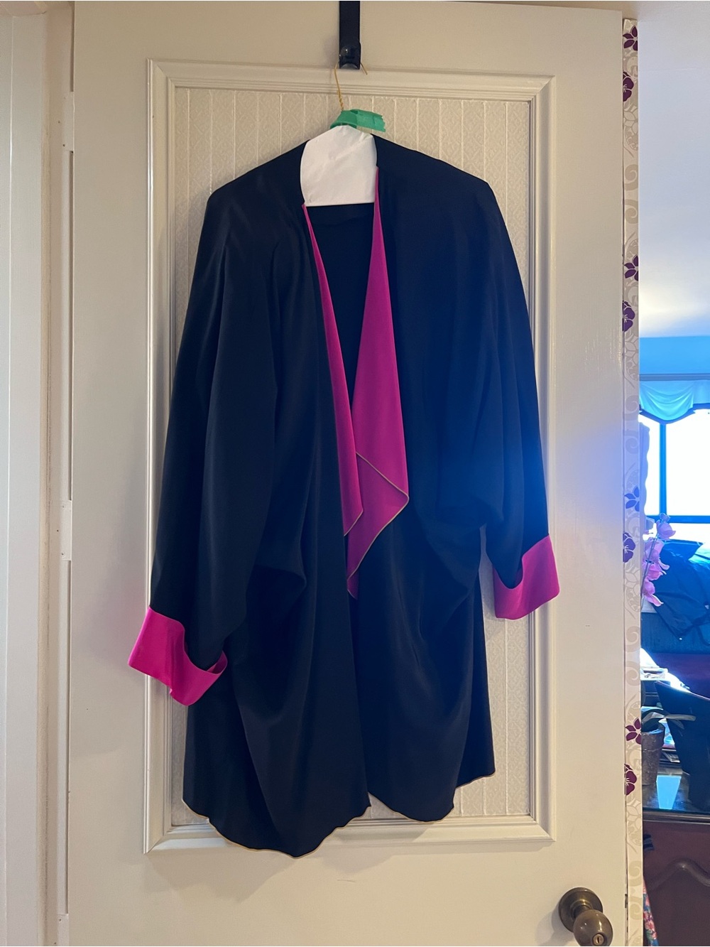 Black Cardigan with Fuchsia Trim - Draped Open Front